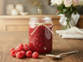 homemade raspberry and rosewater jam recipe, on a kitchen table. With a vase of roses behind.