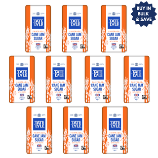 A 10-pack grid of Tate & Lyle Cane Jam Sugar bags arranged in three rows on a white background, with a blue 'BUY IN BULK & SAVE' badge in the top right corner.
