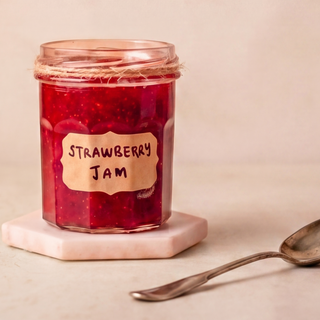Jar of strawberry jam with a label on a beige background