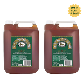 Two large containers of Lyle's Golden Syrup with a 'Buy in Bulk and Save' label on a white background.