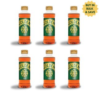 Five bottles of Golden syrup with a 'Buy in Bulk & Save' label on a white background.