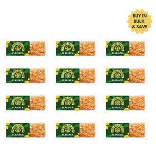 Multiple packages of Golden Circle Flapjack on a white background with a 'Buy in Bulk & Save' label.