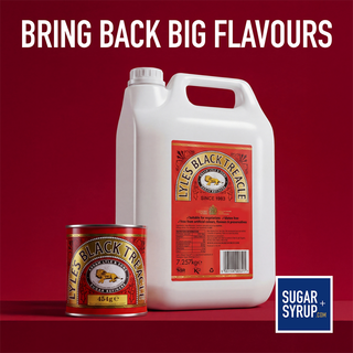 Bring back big flavours, with Lyles Black Treacle can and bottle on a red background with 'Sugar Syrup' branding.