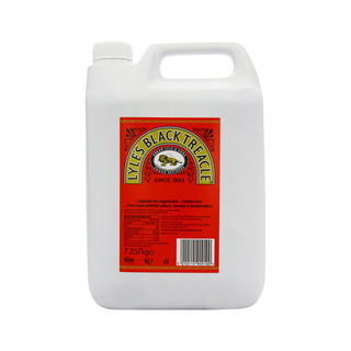 White container with a red label featuring 'Lyles Black Treacle' on a white background