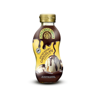 A bottle of Lyle's Chocolate syrup, 250ml, featuring a dark brown and yellow label with chocolate drizzle graphics and an ice cream scoop illustration, topped with a gold cap.