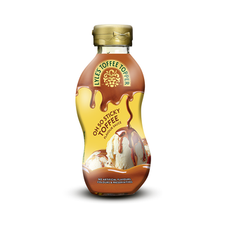A bottle of Lyle's Toffee syrup, 250ml, featuring a brown and yellow label with chocolate drizzle graphics and an ice cream scoop illustration, topped with a gold cap.