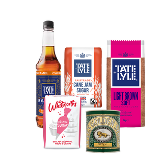 Collection of Tate & Lyle and Whitworths sugar products on a white background