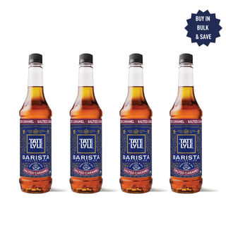 Four bottles of Tate & Lyle Barista Salted Caramel syrup on a white background