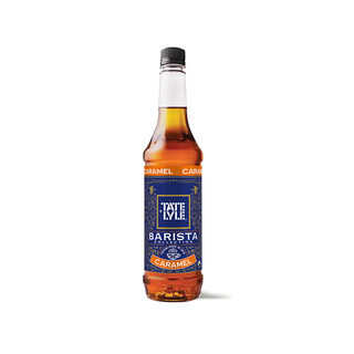 Bottle of Tate & Lyle Barista Caramel syrup on a white background