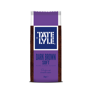 A 3kg bag of Tate & Lyle Dark Brown Soft Pure Cane Sugar, featuring a purple and navy blue label with white text, filled with dark brown sugar, on a white background.