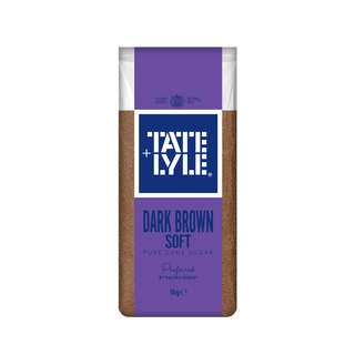 A 3kg bag of Tate & Lyle Dark Brown Soft Pure Cane Sugar, featuring a purple and white packaging design with brown sugar visible through the sides, set against a plain white background.