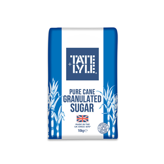 A 10kg bag of Tate & Lyle Pure Cane Granulated Sugar, featuring a white and blue packaging design with illustrations of sugarcane stalks.