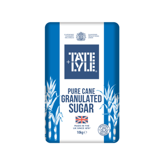 A 10kg bag of Tate & Lyle Pure Cane Granulated Sugar, featuring a blue and white packaging design with illustrations of sugarcane stalks.