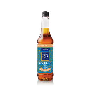 A bottle of Taste and Lyle Barista Gingerbread syrup, featuring a teal and gold label with purple accents, filled with amber-brown liquid, and topped with a black cap, set against a plain white background.