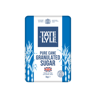 A 5kg bag of Tate & Lyle Pure Cane Granulated Sugar, featuring a blue and white packaging design with illustrations of sugarcane stalks.