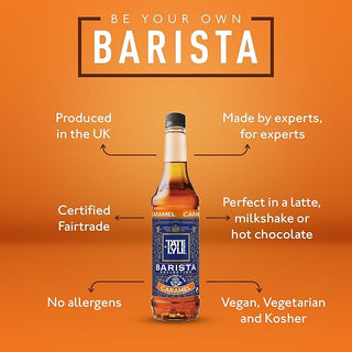 A visual highlighting the key benefits of Tate & Lyle Caramel Syrup bottle