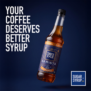Bottle of Tate & Lyle Barista Caramel syrup with text 'Your coffee deserves better syrup' on a dark blue background.