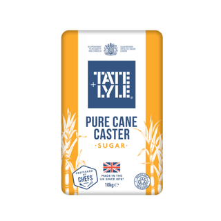 A 10kg bag of Tate & Lyle Pure Cane Caster Sugar, featuring a white and orange package design with blue branding and decorative illustrations of sugarcane stalks.