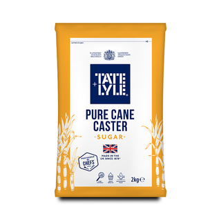 Bag of Tate & Lyle 2kg Caster in a poly bag against white background