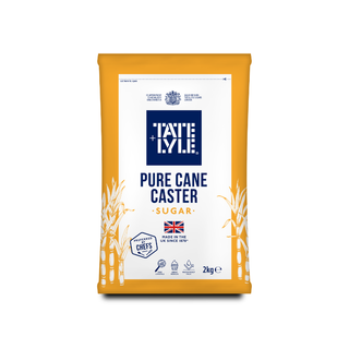 A 2kg bag of Tate & Lyle Pure Cane Caster Sugar, featuring a bright yellow-orange bag with a white central label and navy blue branding.