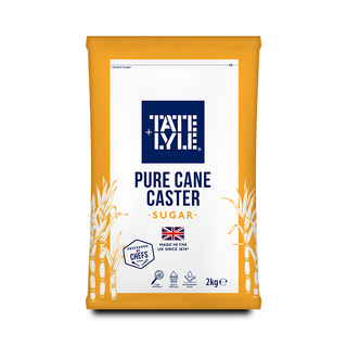 Bag of Tate & Lyle 2kg Caster in a poly bag against white background