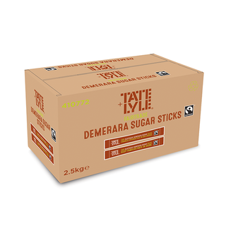 Box of Tate & Lyle Demerara Sugar sticks on a white background