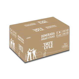A 2kg cardboard box of Demerara Sugar Sticks, featuring a warm tan-brown colour with white printed text and minimalist silhouettes of people on a sugar cane field.
