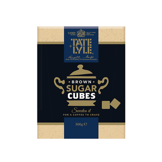 Box of Tate & Lyle brown sugar cubes on a white background