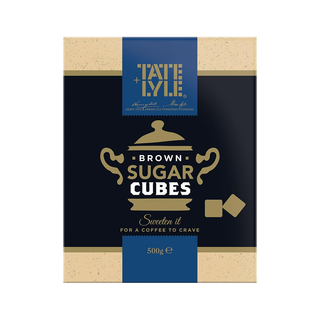 Box of Tate & Lyle brown sugar cubes on a white background