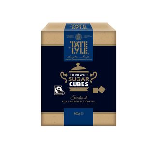Box of Tate & Lyle brown sugar cubes on a white background