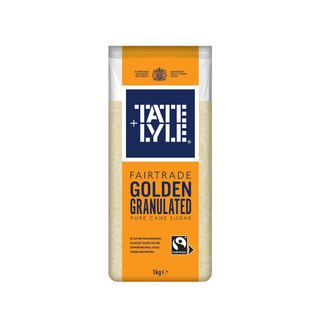 A 1kg bag of Tate & Lyle Fairtrade Golden Granulated Pure Cane Sugar, featuring a white and orange packaging design with a navy blue brand logo block.