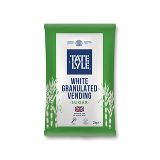 Tate & Lyle white granulated vending sugar package on a white background