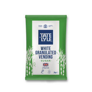 Tate & Lyle white granulated vending sugar package on a white background