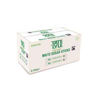 Box of Tate & Lyle Fairtrade White Sugar Sticks on a white background