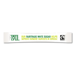 Tate & Lyle Fairtrade white sugar packet on a white background