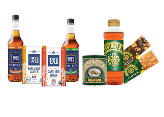 Collection of Tate & Lyle products including syrup bottles and a can on a white background