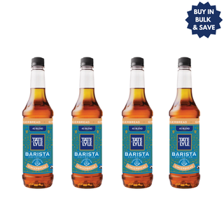 Four bottles of Tate and Lyle Gingerbread syrup, with a blue 'BUY IN BULK & SAVE' badge in the top right corner.