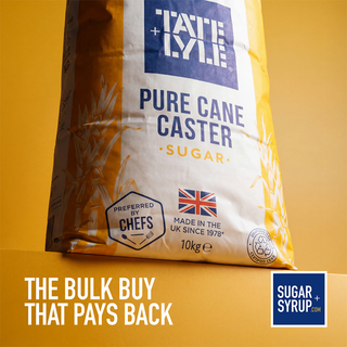 Tate & Lyle Pure Cane Caster Sugar bag on a yellow background