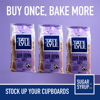 Three packages of Tate & Lyle Fairtrade Dark Brown Soft sugar on a purple background with promotional text.