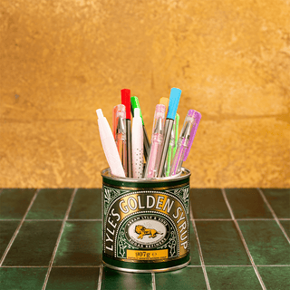 Lyle's golden Syrup tin upcycled as a stationery pot