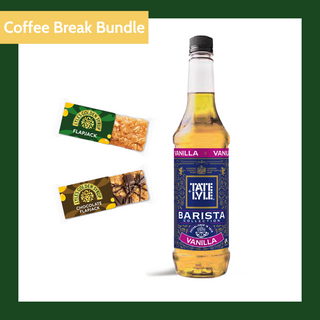 Tate & Lyle Barista Vanilla syrup bottle with two flapjacks on a white background
