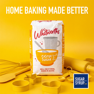 Bag of Whitworths caster sugar with baking tools on a yellow background, featuring 'Home Baking Made Better' text.