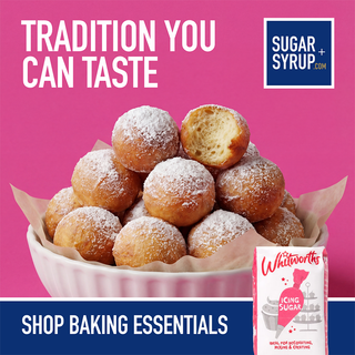 Bowl of powdered donuts with 'Sugar & Syrup' branding and a pink background.